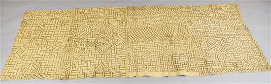 Two panels of 20th century Kuba palm fibre raffia cloth panels from Zaire, 188cm x 50cm, 250cm x 86cm